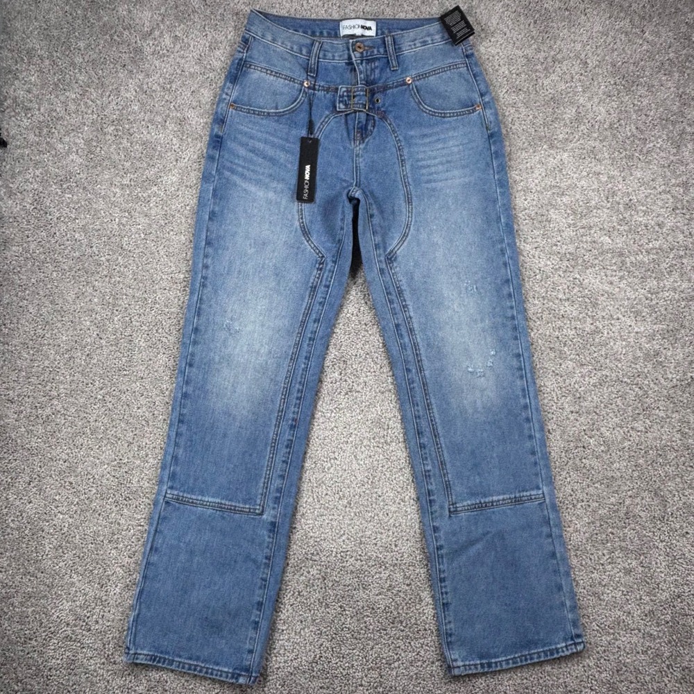 Fashion Nova You Should Know Better Buckle Straight Leg Jeans Blue Medium Wash 7